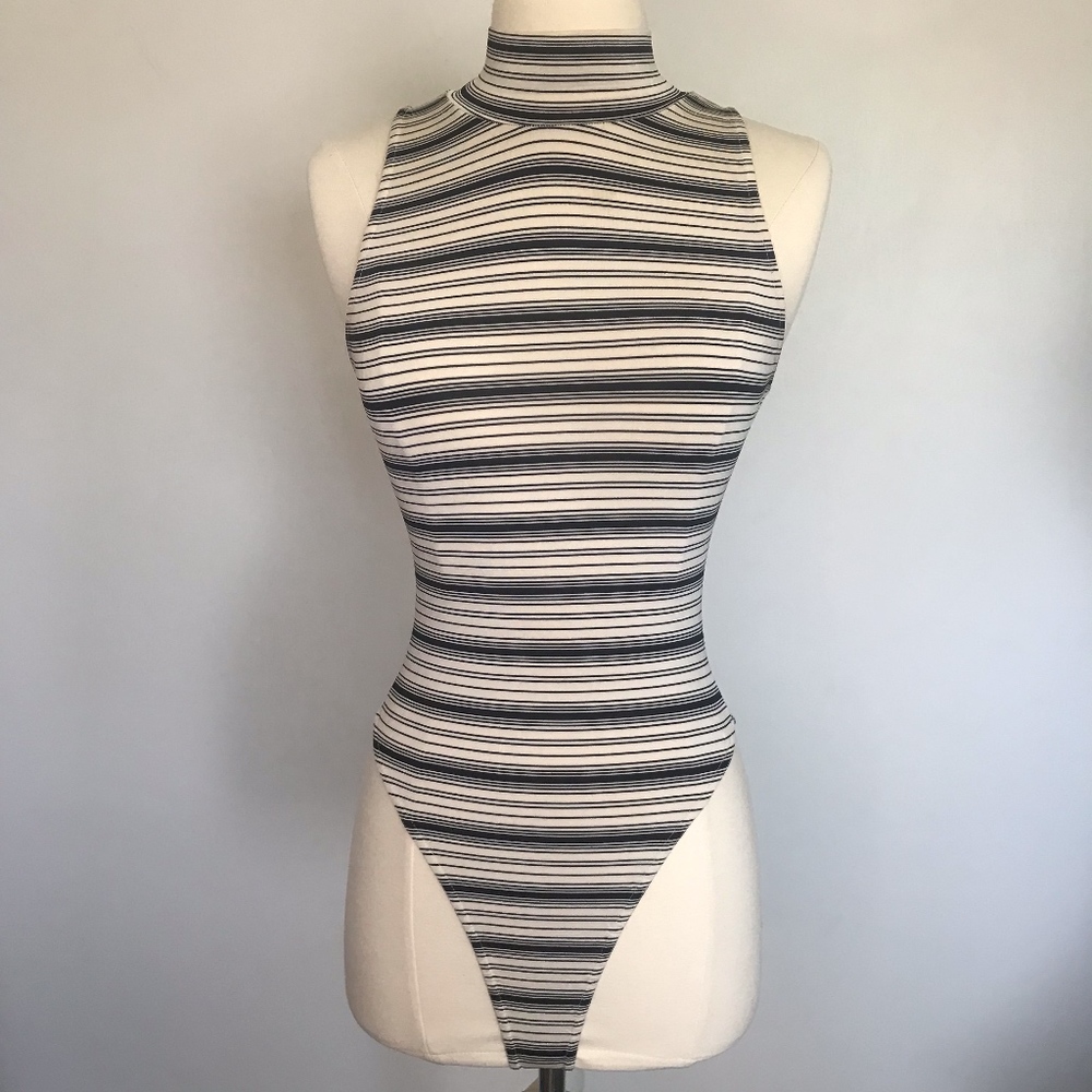 Express Tricot Stripe Mockneck Sleeveless Bodysuit